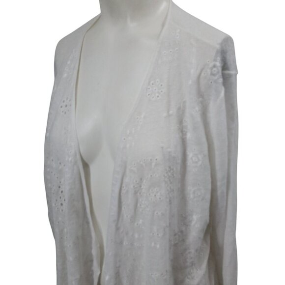 J Jill White Eyelet Open Front Lightweight Linen Cardigan Size L Embroidered - Picture 2 of 12